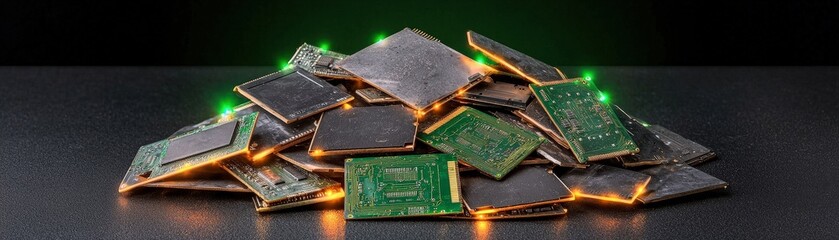 Wall Mural - Pile of Electronic Circuit Boards with Glowing Edges on Dark Surface against Green Background