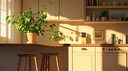 Wall Mural - Sunlit kitchen interior with plant, wooden stools, and cabinets.