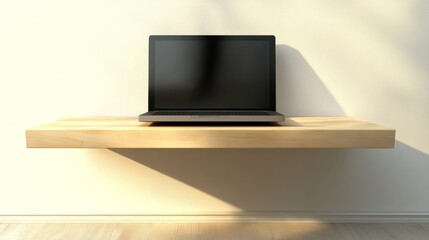 Wall Mural - Laptop on wooden shelf against white wall.