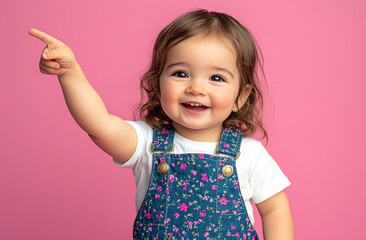 A young girl wearing blue floral overalls and a white t-shirt, pointing to the side with one hand and smiling in front of a pink background.