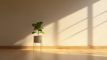 Wall Mural - Minimalist room interior with plant in pot and sunlight.