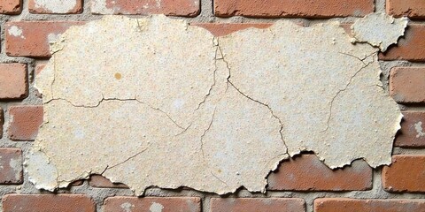 Poster - Textured off-white plaster fragment with cracks affixed to a red brick wall