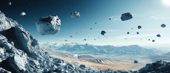 Wall Mural - large rocks floating above a planet's surface