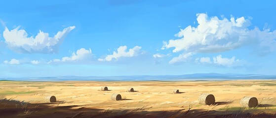 Canvas Print - Hay bales in a sunny field, blue sky, distant hills, summer landscape, rural scene