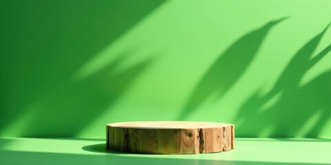 Poster - Wooden Display Platform with Leaf Shadows on Green Background