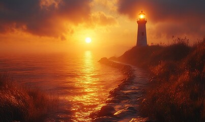 Wall Mural - Lighthouse sunset coastal path ocean fog