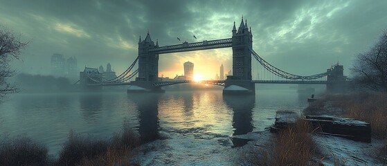 Sticker - London Bridge sunrise, winter fog, Thames River