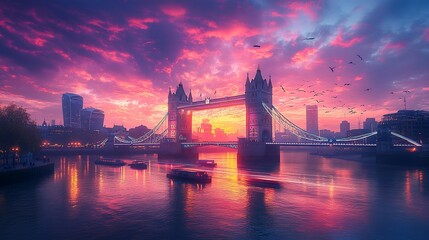 Wall Mural - London Bridge sunset, city skyline, boats, birds