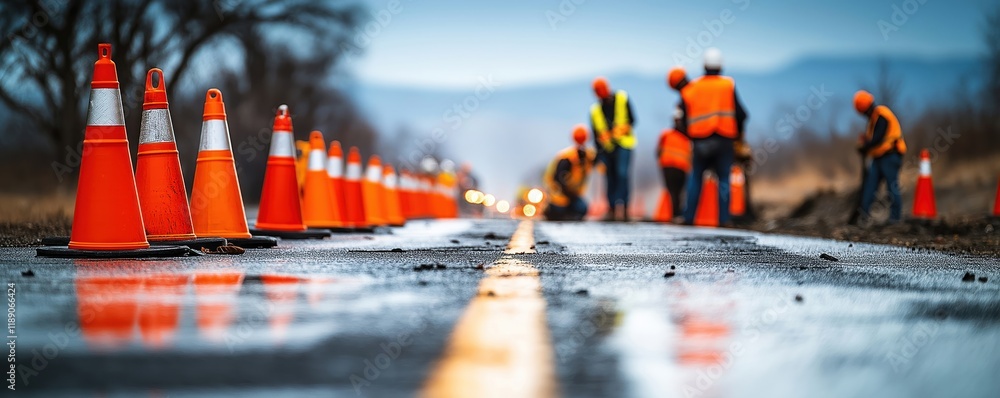 Working Construction Route Road construction work in progress. Workers install traffic cones ...