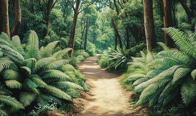 Sticker - Lush Forest Path Sunlight filters through canopy, illuminating a dirt trail flanked by ferns.  Use Nature background