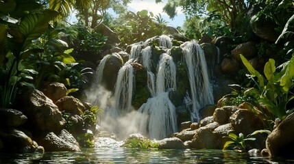 Sticker - Lush Tropical Waterfall, Sunny Day, Tranquil Pool, Jungle Background, Nature Escape