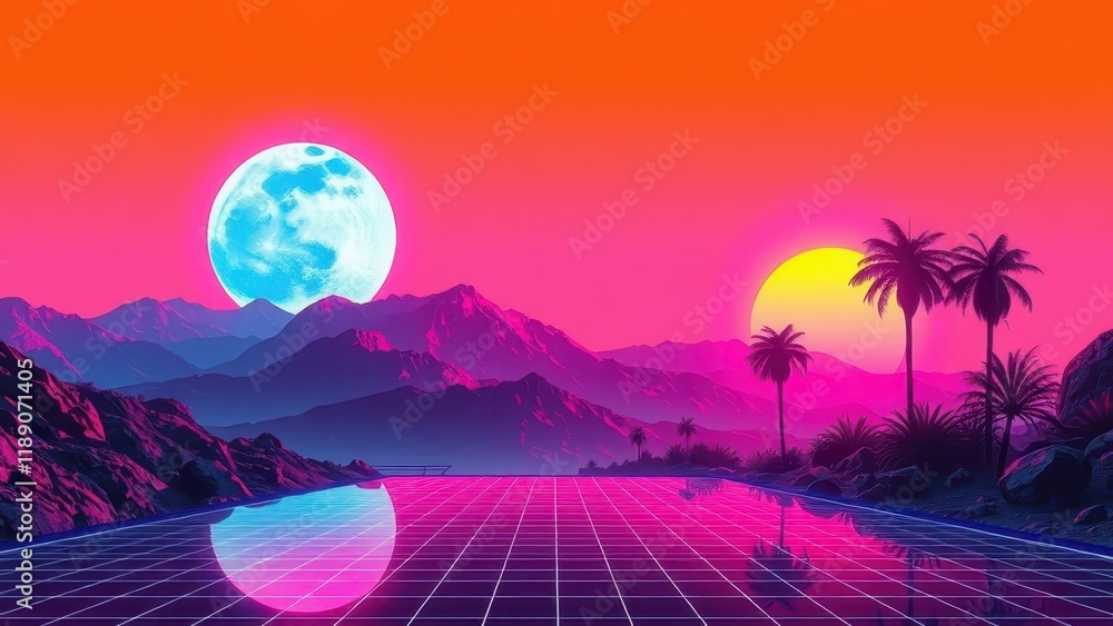 Retro synthwave landscape, neon sunset, purple mountains, glowing sun ...