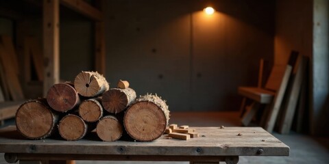 Aufkleber - Rustic Wooden Logs Resting on a Weathered Table in a Dimly Lit Workshop