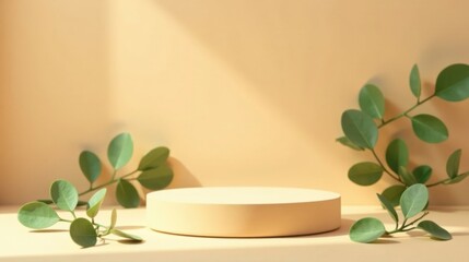 Poster - Pastel Beige Platform with Green Foliage for Product Display