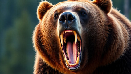 fierce grizzly bear roaring, extreme close-up, sharp teeth, wide open mouth, intense eyes, detailed 