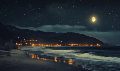 Wall Mural - Night ocean beach scene, moonlit coast, tranquil waves, starry sky, coastal landscape