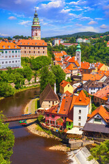 Wall Mural - Summer cityscape - top view from the castle gardens to the historic centre of Cesky Krumlov, Czech Republic