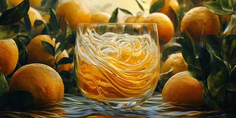 Sticker - Orange juice glass amidst oranges; orchard background