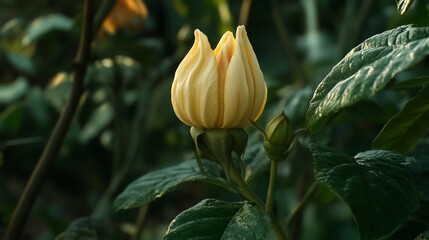 Wall Mural - Pale yellow flower bud, garden, sunlight, foliage. Nature photography for websites