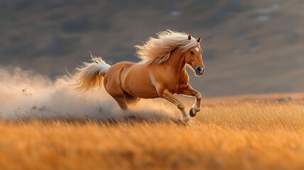 Palomino horse galloping, sunset field. Stock photo for equestrian themes