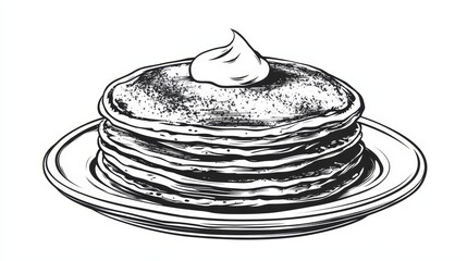 Wall Mural - vector style coloring page featuring a single pancake outline in black and white design