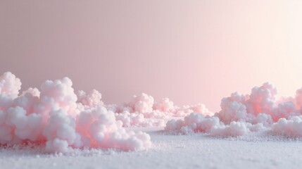Poster - A dreamy landscape of soft pink clouds resting on a pristine white surface under a pale rose-colored sky