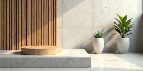 Poster - Minimalist Wooden and Concrete Display Platform with Greenery