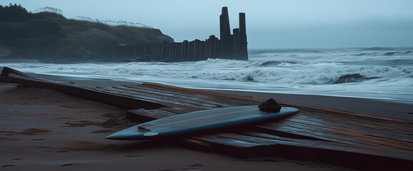 Wall Mural - A dark navy blue surfboard is lying on the beach with waves in the background. The photo was taken during a stormy day, and there is fog over the sea.