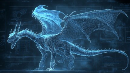 Leinwandbilder - Glowing holographic blueprint of a futuristic dragon, symbolizing the fusion of fantasy and technology, advanced digital engineering, and AI-driven virtual creature design, Generative AI