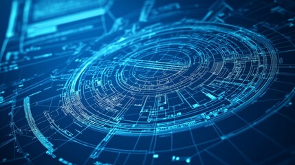 Fototapete - Futuristic holographic blueprint with advanced system schematics, symbolizing digital engineering, AI-driven design, cybernetic innovation, and the complexity of high-tech development, Generative AI
