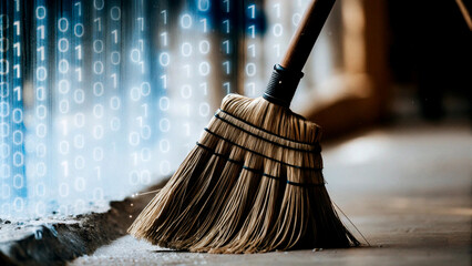 Wall Mural - digital cleanup concept with brooms sweeping away glowing blue binary codes for technology and cyber