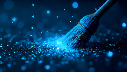 Wall Mural - digital cleanup concept with brooms sweeping away glowing blue binary codes for technology and data 