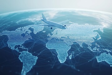 Aufkleber - Airplane flying over a digital world map with global network connections, symbolizing international travel, connectivity, aviation, futuristic logistics, and global trade infrastructure, Generative AI