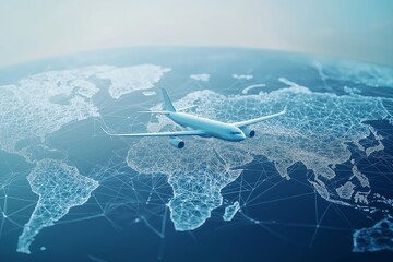 Aufkleber - Airplane flying over a digital world map with global network connections, symbolizing international travel, connectivity, aviation, futuristic logistics, and global trade infrastructure, Generative AI
