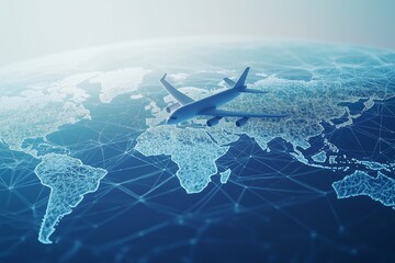 Aufkleber - Airplane flying over a digital world map with global network connections, symbolizing international travel, connectivity, aviation, futuristic logistics, and global trade infrastructure, Generative AI