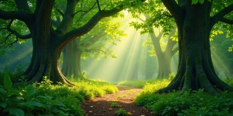 Poster - Sunbeams Illuminate a Mystical Path Through Ancient Forest Trees