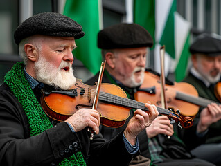 Traditional Irish band playing folk music with violins and green flags