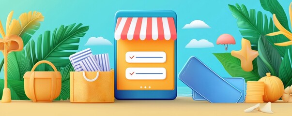 Colorful illustration of a mobile application registration interface at a beach