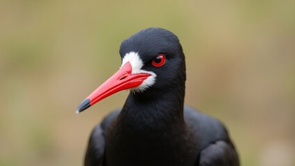 Close-up of a black bird with red beak and striking eyes. Perfect for wildlife, bird photography, and nature designs.