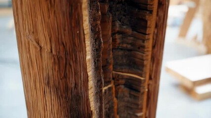 Wall Mural - Medium closeup of a cross section of a large timber column revealing the multilayered construction, showcasing the intricate details and craftsmanship of the wooden structure