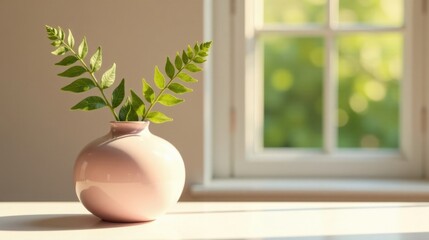Aufkleber - Serene Sunlight Illuminates a Pink Vase with Fresh Greenery on a Windowsill
