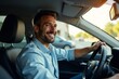 © SuriyaPhoto - A happy man driving his car, enjoying the freedom of the road and the open air.