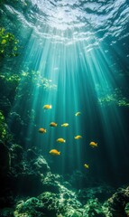 Underwater scene with vibrant fish swimming in illuminated waters