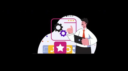 A European man demonstrating a technology interface with gears and icons in a flat cartoon style.