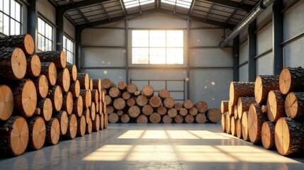 Aufkleber - Sunlit Warehouse Filled with Stacks of Timber Logs