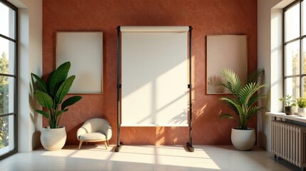 Aufkleber - Sunlit Interior Room with Blank Canvases and Potted Plants