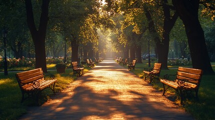 Poster - Sunlit park path, morning mist, benches, tranquility, nature scene, peaceful, relaxation