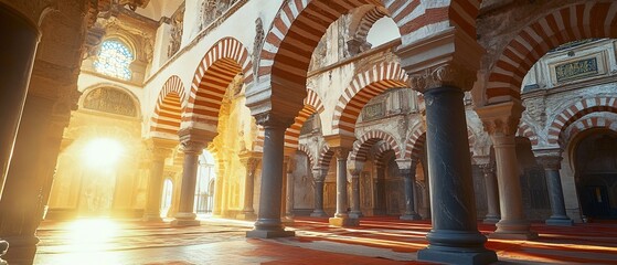 Canvas Print - Sunlit Mosque Interior, Spain;  Arches & Pillars;  Peaceful Background