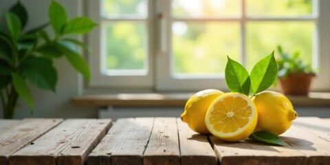 Aufkleber - Sunlit Lemons on Rustic Wooden Table with Lush Greenery in Background