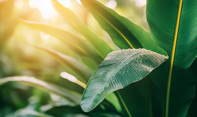 Wall Mural - Sunlit tropical leaf, garden background, nature